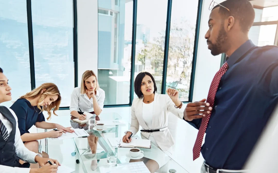 Illustration of emotional intelligence in the workplace, highlighting communication, leadership, and team collaboration skills.